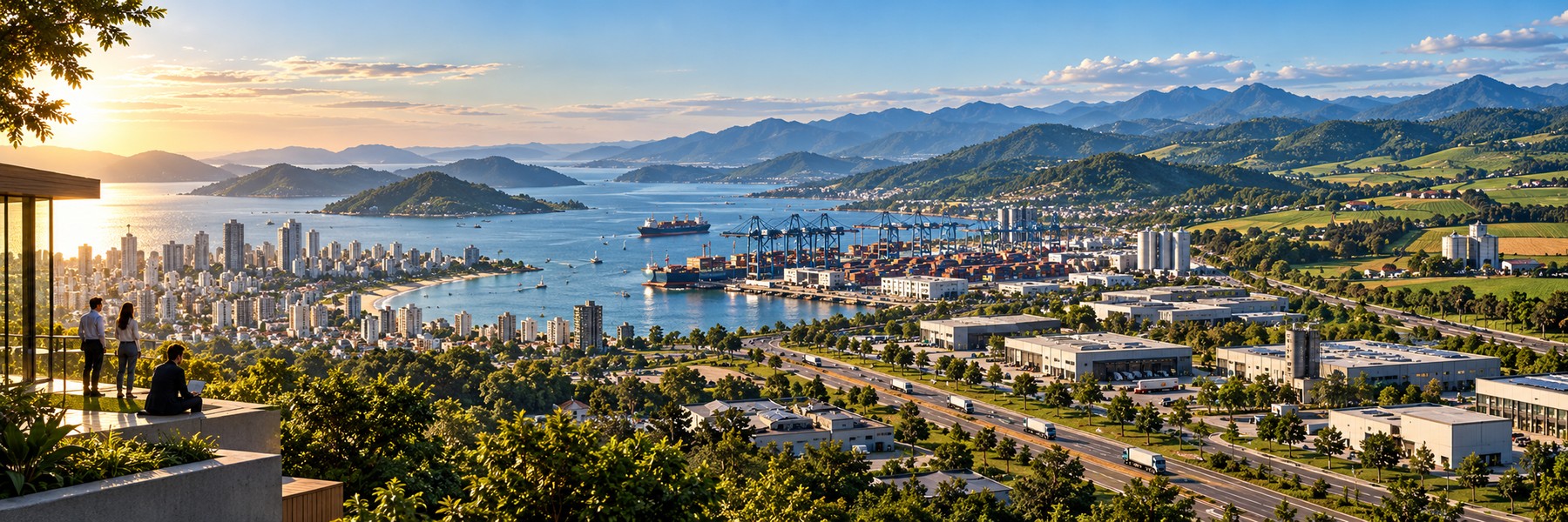 Paisagem econômica catarinense com cidade, porto, indústria, logística, agricultura e território conectados.